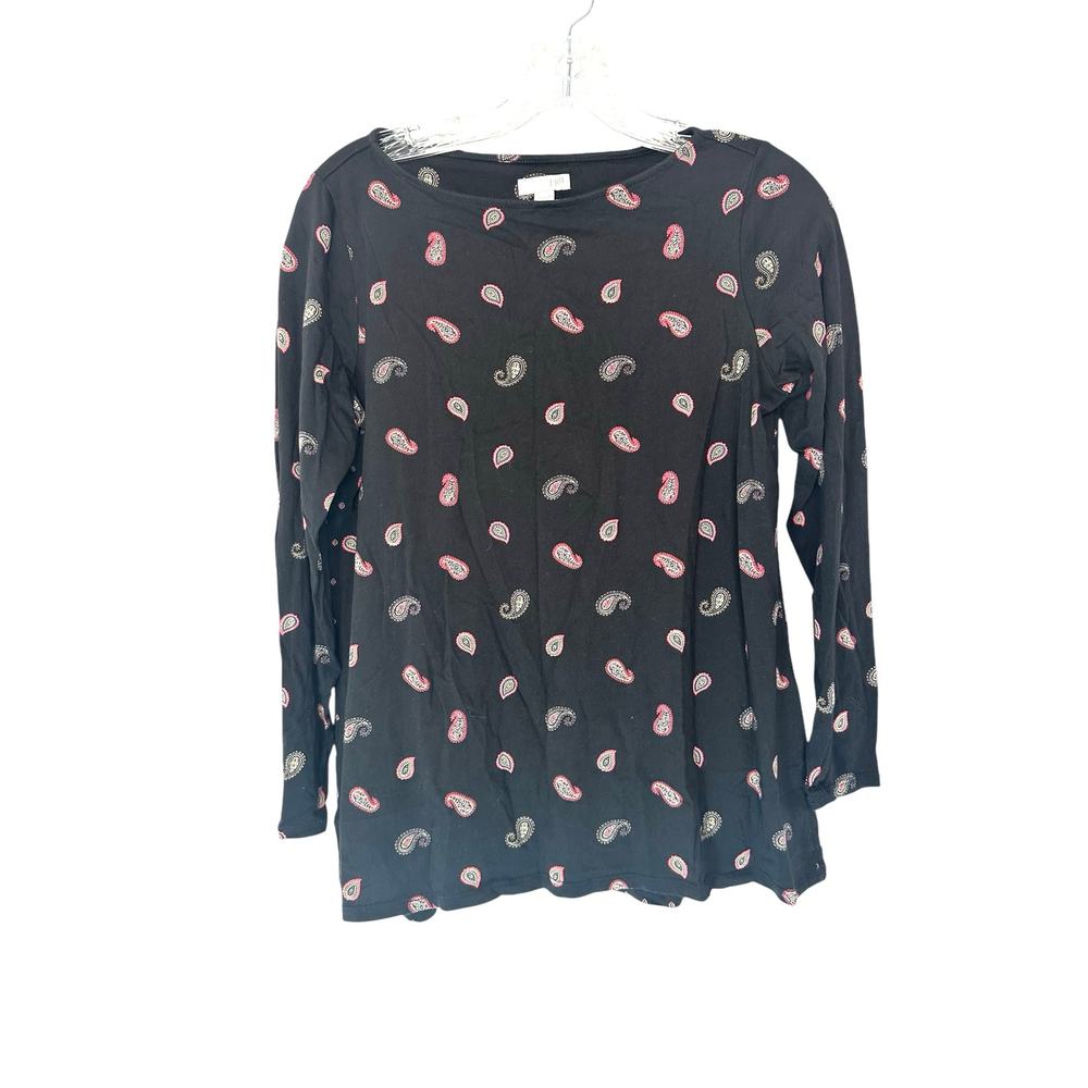 J. Jill Top Black Paisley Print Crewneck 3/4 Sleeve‎ Casual Soft Stretch Small